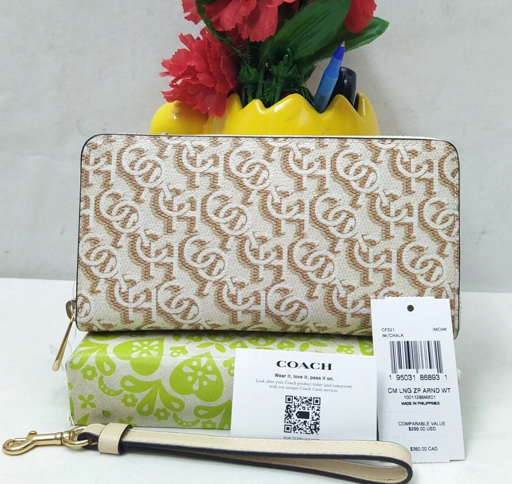 Coach Chalk Leather Monogram Print Wrist Strap Zip Around Wallet - NWT $298